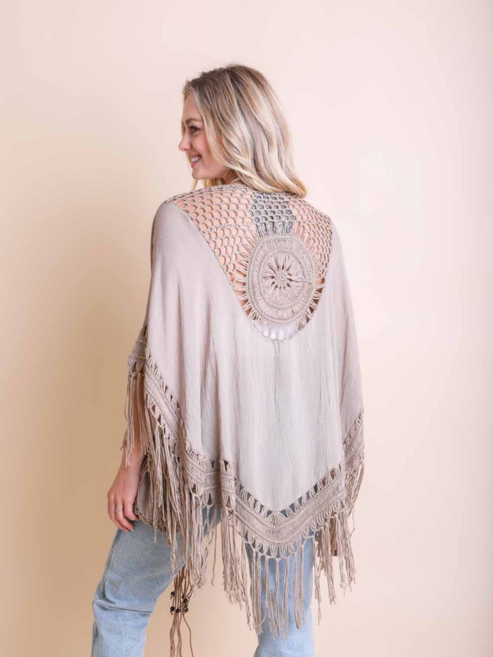 Mocha Crochet Medallion Tassel Bohemian Kimon Open Wrap Top One Size - Picture 5 of 5